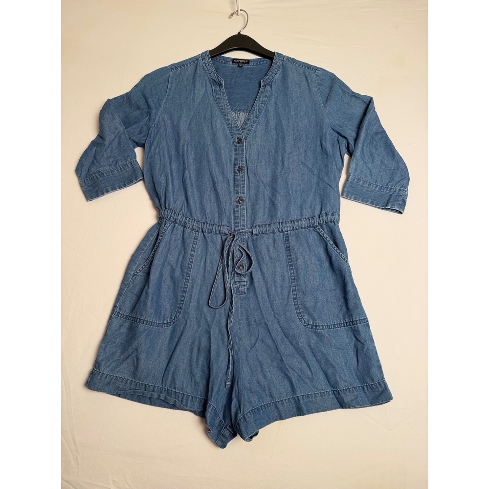 Express Denim Romper Medium Wash Cotton Lyocell V-Neck Drawstring Waist Womens M